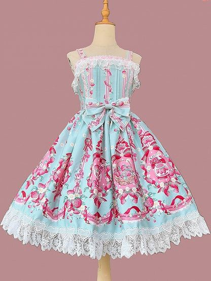 shaped Dress Print Pink Lolita with Strawberry Sweet Blue Trim Heart JSK Lace
