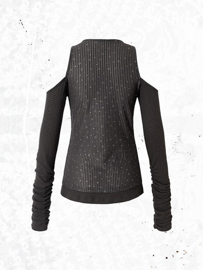 Knit Accents Cutout Gray Layered Shoulder Sequin Top Studded Dark with