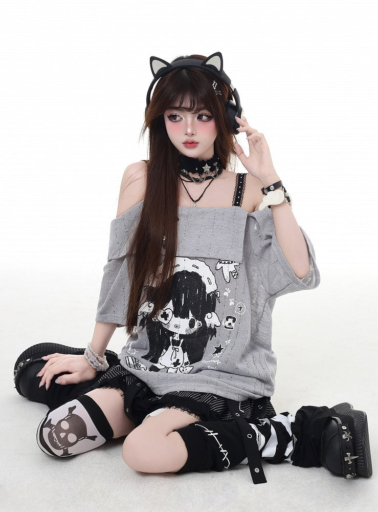 ネックライン ガールプリント Tシャツ カートゥーン グレー/ホワイト オフショルダー クロスデザイン