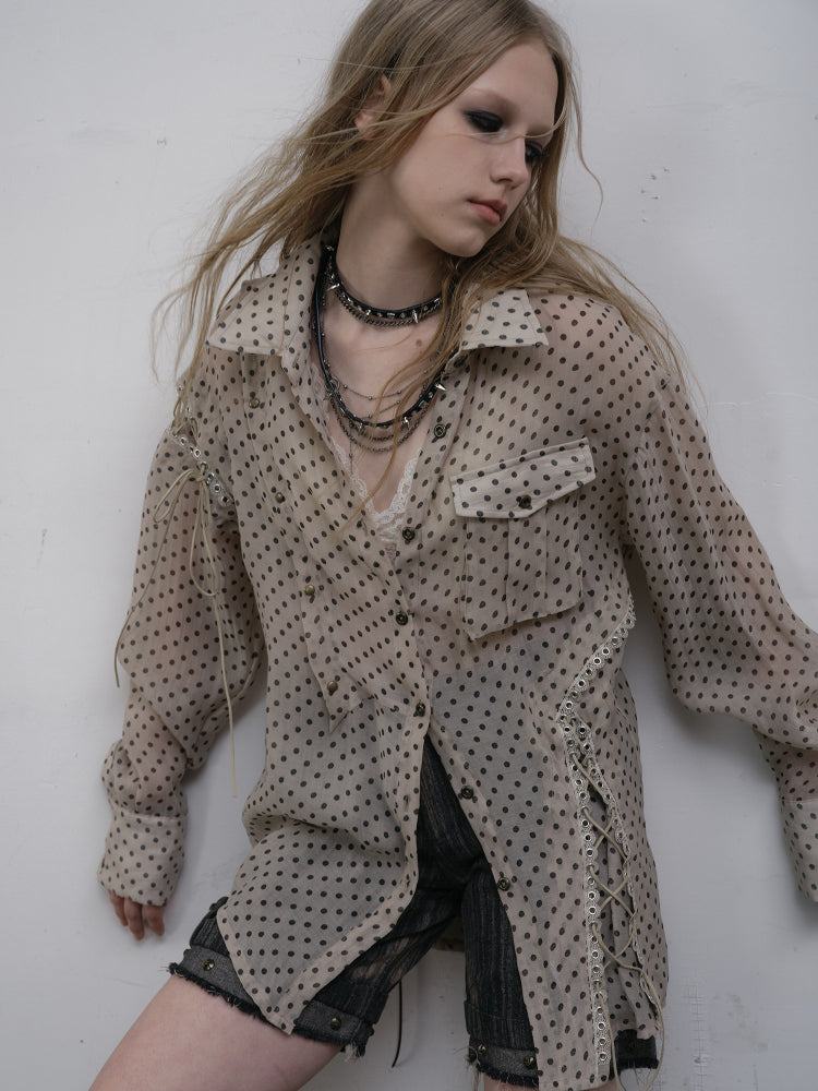 Apricot Laces Shirt with Cross-Tie Punk Dot Side Chiffon Polka Slits