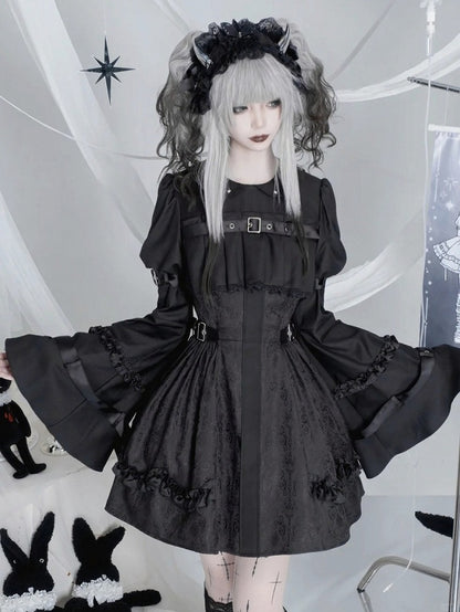 Black Gothic Lolita Bell Sleeve Dress with Lace and Metal Buckle Accents - Kuroya