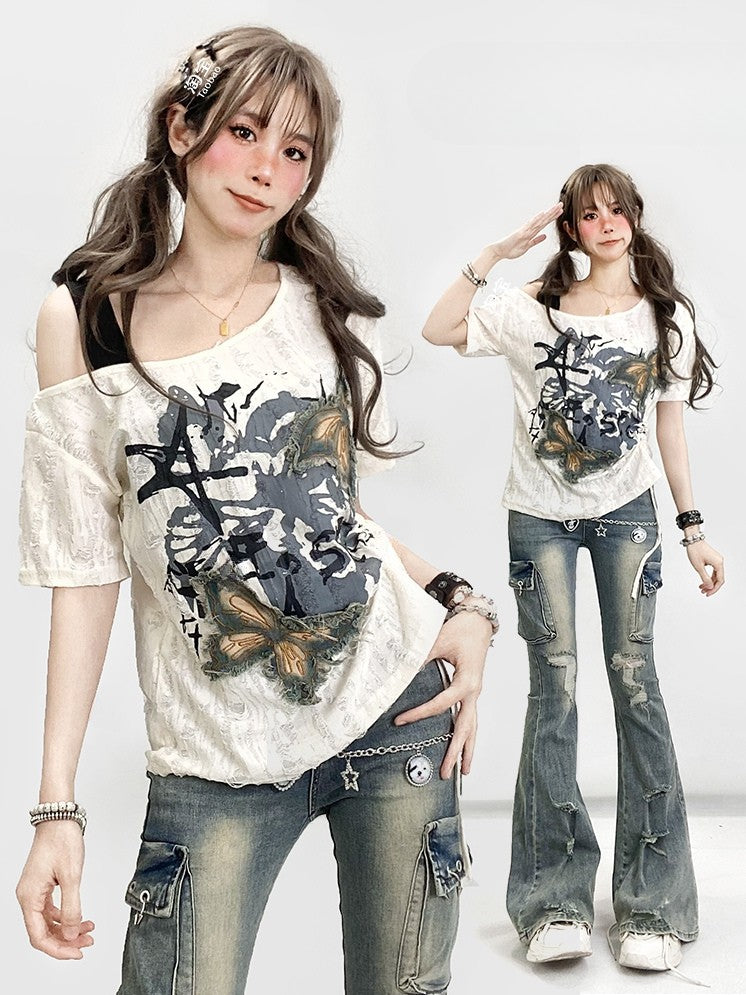 Schmetterling Bittersüßer Ausschnitt Kawaii T-Shirt Asymmetrische Applikation Weiß