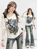 Schmetterling Bittersüßer Ausschnitt Kawaii T-Shirt Asymmetrische Applikation Weiß