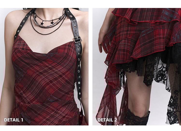 Rot kariertes Neckholder-Top mit kaskadierenden Rüschen und Schnallenriemen