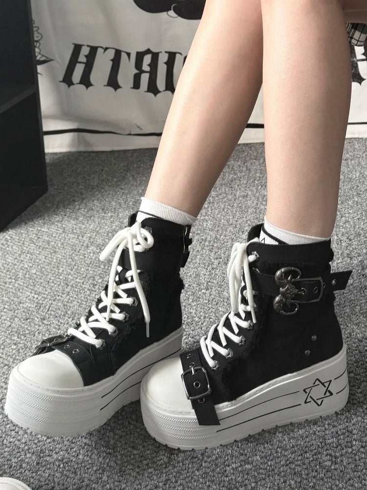Black Punk Canvas Platform Boots with Bullhorn Buckle Hexagram Print Lace-Up Size 35 - GURURU