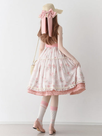 Pink Rosette Print Natural Kei Summer Floral Dress Front Button Placket Hem Lolita Jumper Skirt