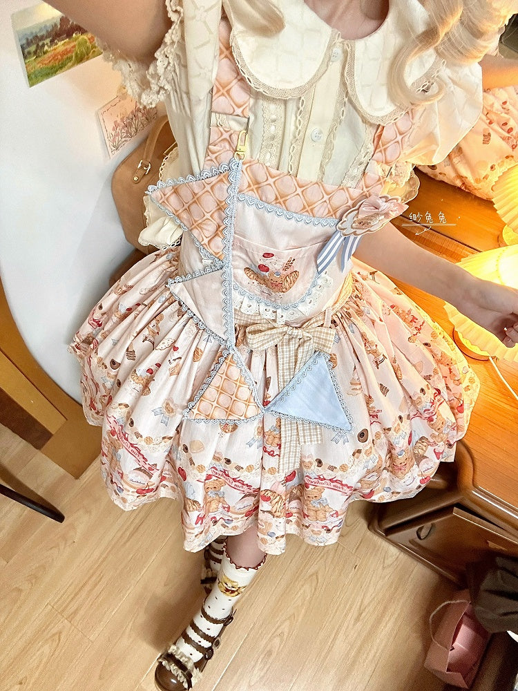 Beiges süßes Lolita-Overallkleid mit Teddybär und Dessert