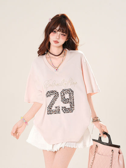 Pink Beaded Letter Leopard Pattern Number V-Neck T-Shirt