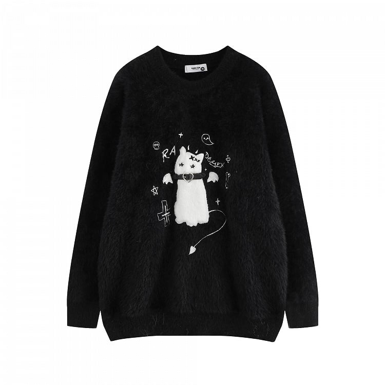 Detail Katzengürtel Pullover Kragen Strick Flockstickerei - Kawaii Weiß/Schwarz