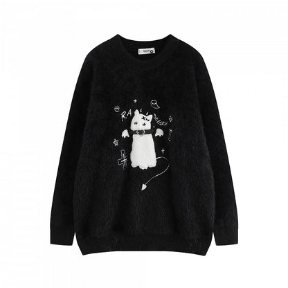 Detail Katzengürtel Pullover Kragen Strick Flockstickerei - Kawaii Weiß/Schwarz