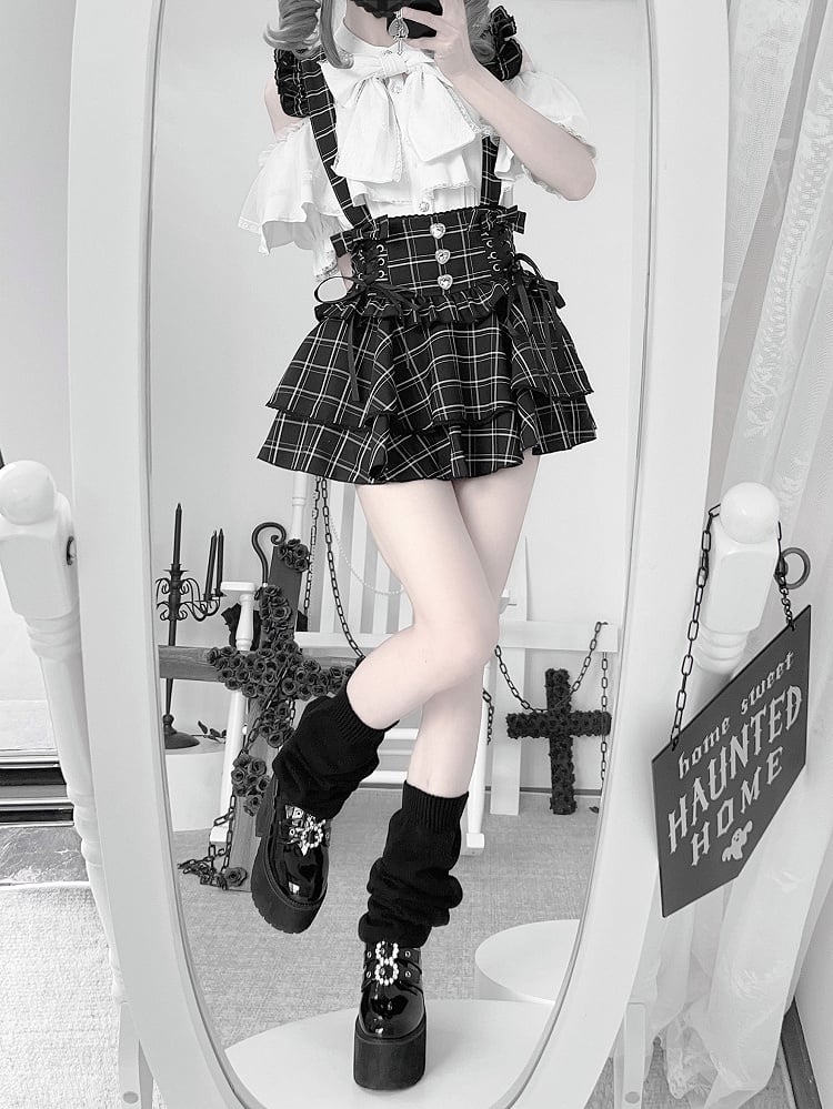 Skirt:Black Kei Plaid Straps Suspender High-Waistwith Detachable Convertible Jirai