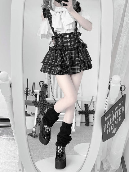 Skirt:Black Kei Plaid Straps Suspender High-Waistwith Detachable Convertible Jirai