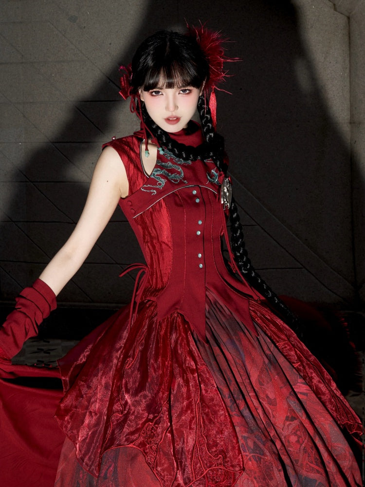 Red Gothic Dragon Embroidery Sleeveless Top Cutout Detail