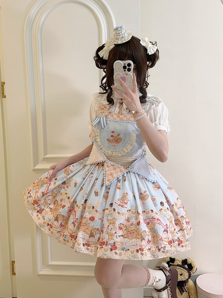 Blaues süßes Teddybär- und Dessert-Lolita-Overallkleid