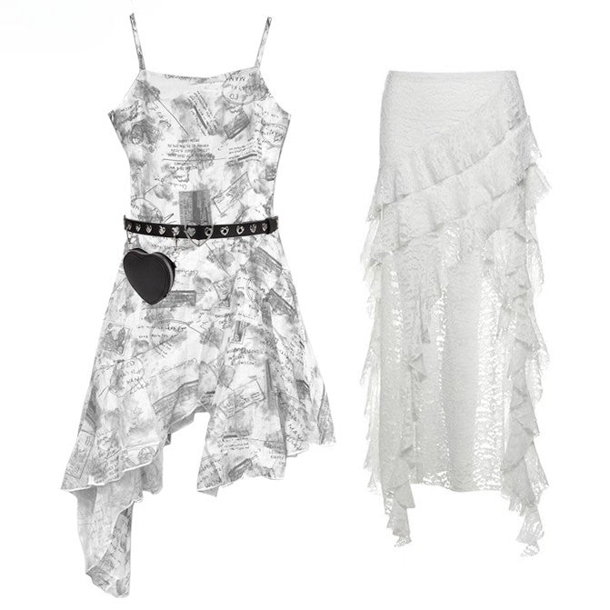 Letter Asymmetrical Hem White With Print Cami Dress