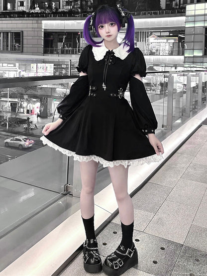 ジライケイ ブラック 取り外し可能な袖 バックルストラップ ウエスト ランドマインスタイル ドレス