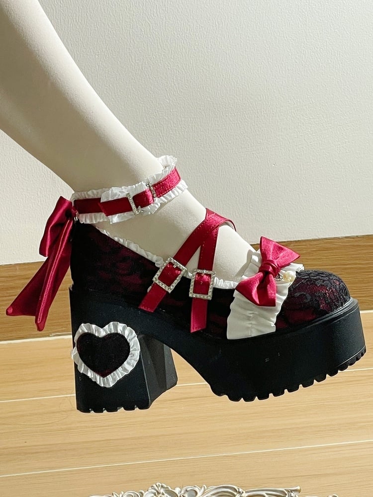 in Heels Lolita Elegant Wine Applique Buckle Rhinestone-Embellished Ruffles Chunky Platform Heel with Heart Trim Red