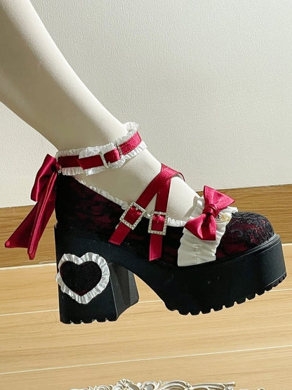 in Heels Lolita Elegant Wine Applique Buckle Rhinestone-Embellished Ruffles Chunky Platform Heel with Heart Trim Red