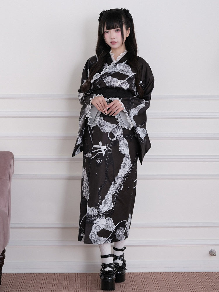 Long Version Black Yukata-Inspired Jirai Kei Lace Print Skirt - No Genki