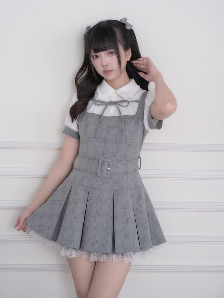 White Ryousangata Plaid Dress with Belt - No Genki