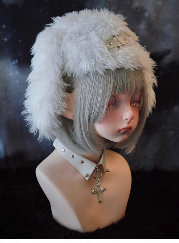 White Gothic Studs and Pins Bunny Ear Plush Hat