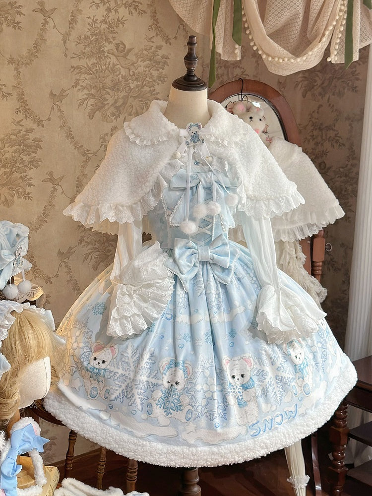 Sweet Winter Lolita Snowy Teddy Print Light Blue Dress JSK Full Set