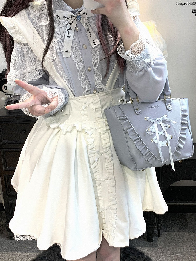 Lace Blue/White/Pink/Black Kei Trim Jirai Details Shorts Dress With Overall Bowknot