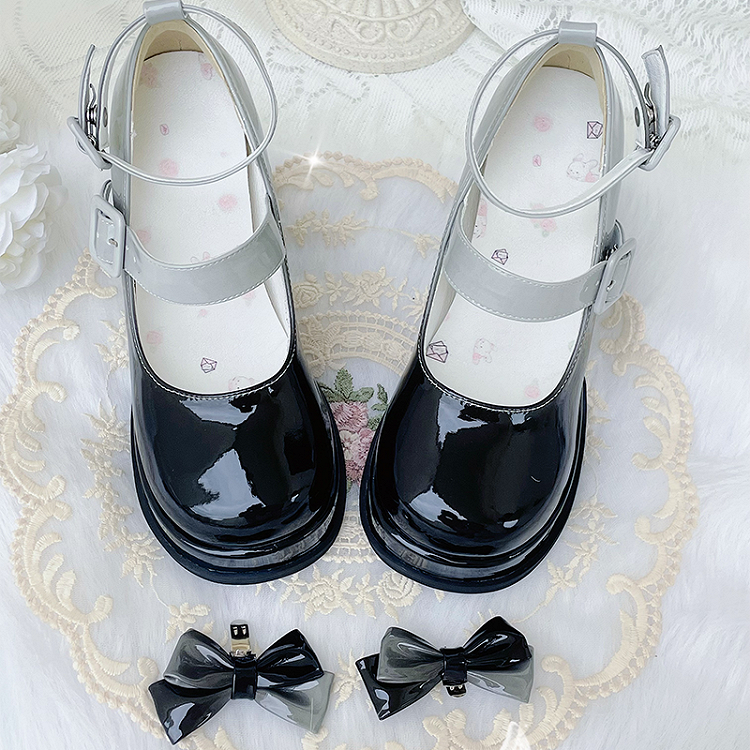 グラデーションブラック取り外し可能な蝶結びプラットフォームハイブロックヒールロリータシューズ