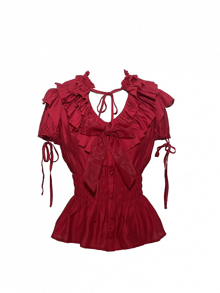 Waist Lolita Blouse Layered Ruffles Gothic Smocked Neckline Red with Elastic