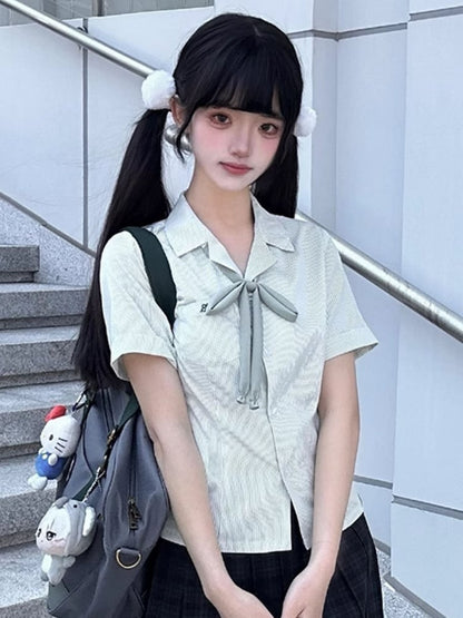 Short Sleeves Preppy Style Uniform Shirt Blue/Gray/Green Striped JK Pattern