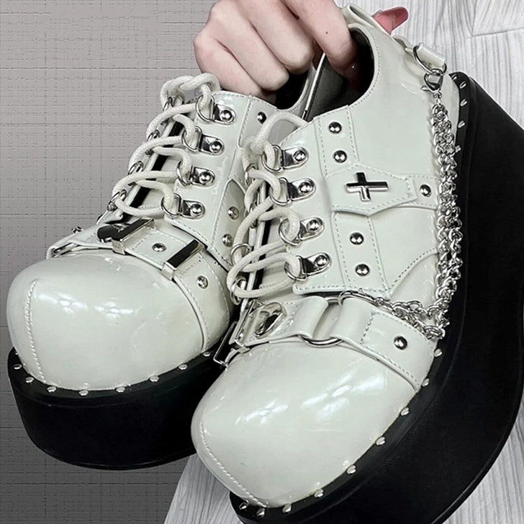 Grey Gothic Punk Platform Shoes with Lace-up Design & Studded Accents