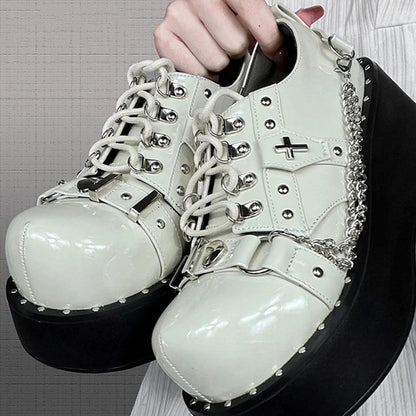 Grey Gothic Punk Platform Shoes with Lace-up Design & Studded Accents