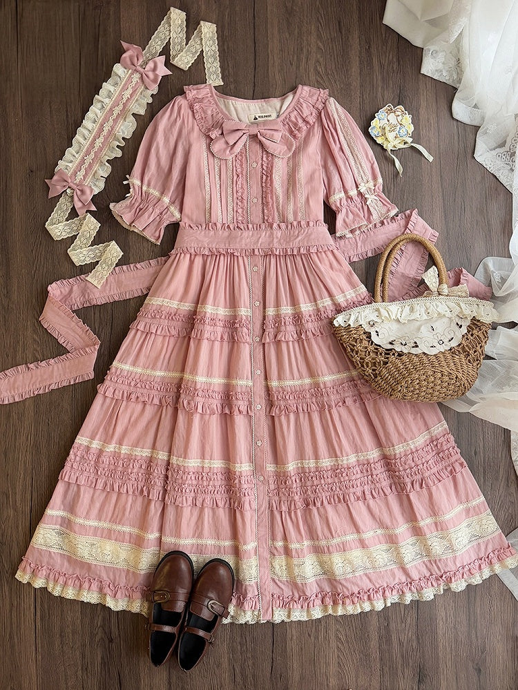 Pink Layered Ruffles Elegant Dress with Front Buttons - Miss Point