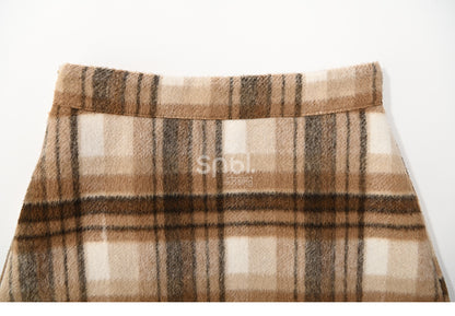 Brown High Waist Plaid Skirt Plush Trim