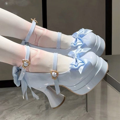 Decorative Platform Sky Bows Sweet Lolita Blue with in Round-Toe Mary Janes High-heel
