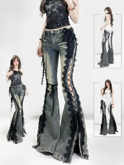 Trim Jeans Lace Blue Bittersweet Detail Flare Glamorous Side Silhouette Lace-up