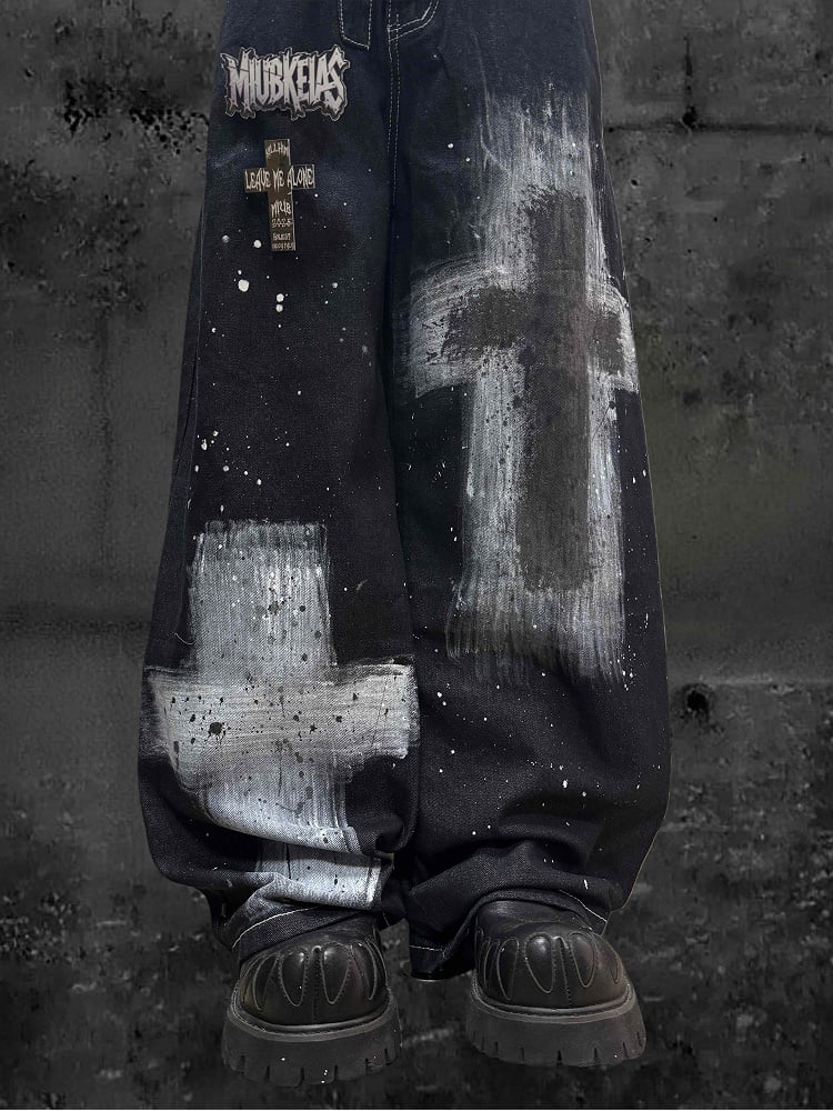Wasteland Paint and Cross Dark with Wide-Leg Blue Y2K Splatter Jeans Punk Design