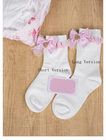 - Lolita Socks Plaid Kei Bow Ankle/Mid-Calf Pink Jirai with Length Style Sweet White
