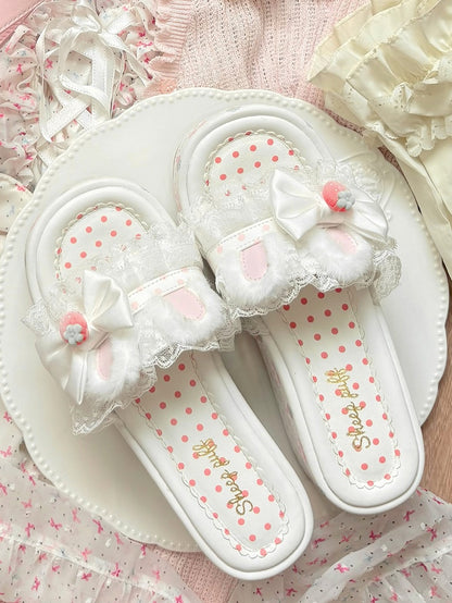 Lolita Lace White Accents Plush Sweet Bow Ear Platform Bunny Slippers Trim
