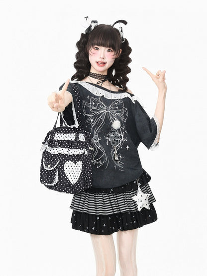 Black Asymmetrical Shoulder Short Sleeve T-Shirt with Bow Print & Lace Trim - Languid Park