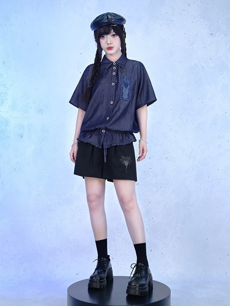 Purple Short Sleeve Shirt with Sea Lily and Drawstring - Quirky Hut