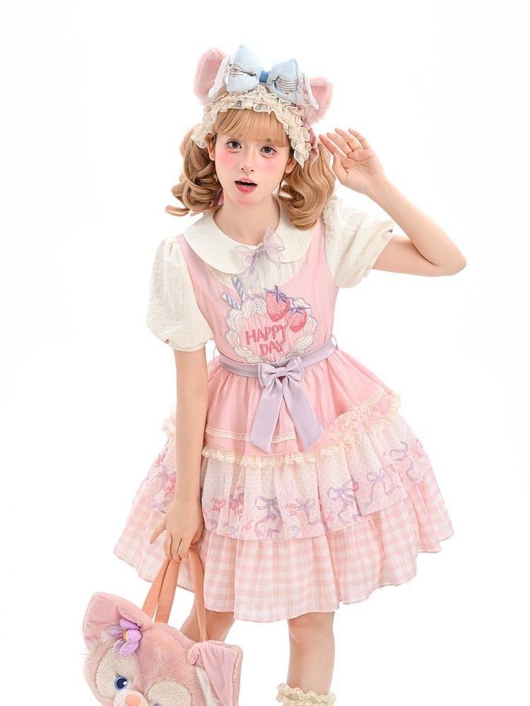 Süße Erdbeerkuchen Stickerei Peter Kragen Lolita Kleid Rock Tiered Pan Pink
