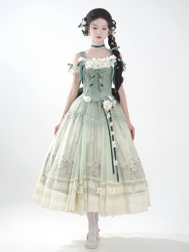 Dekoration Set Jasmin Print Top Grün Rock Lolita Korsett Klassische Lange Floral +