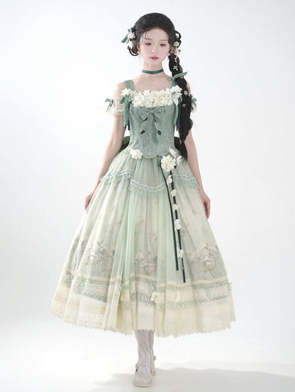 Dekoration Set Jasmin Print Top Grün Rock Lolita Korsett Klassische Lange Floral +