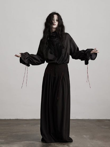 Brooch Red Button Black Drawstring Decoration Shirt Urban Pattern Goth with Subtle