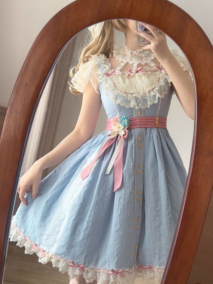 Short Elegant Lace Dress and Blue with Details Classic Lolita Version Bow