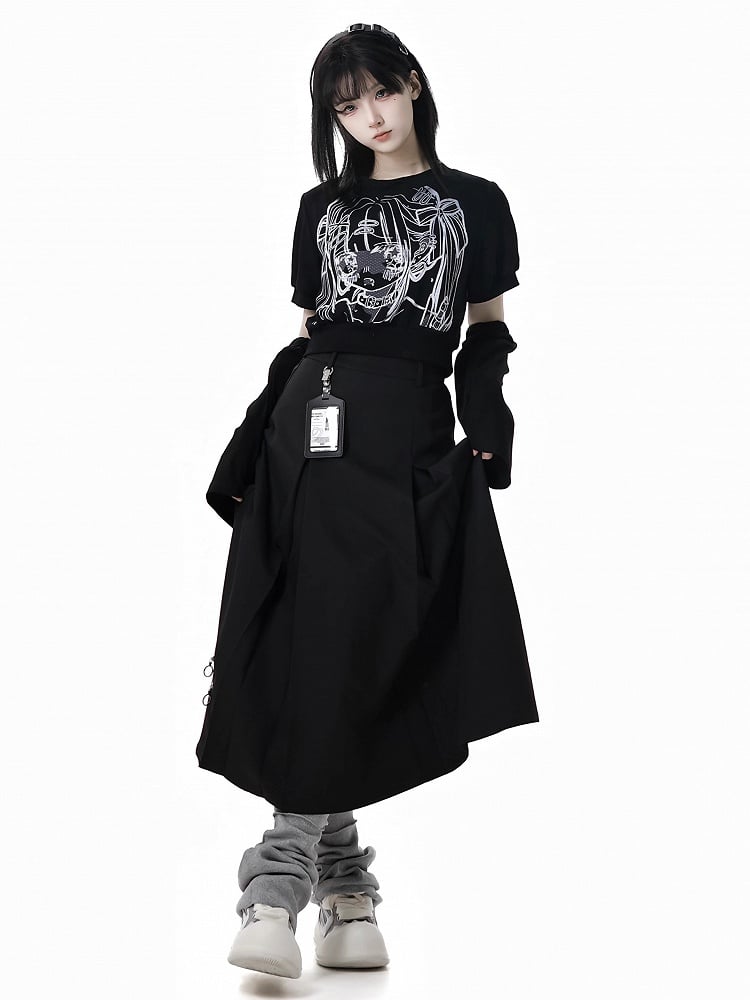 Black Anime Girl Print with Armwear Free Cropped T-shirt