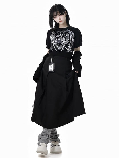 Black Anime Girl Print with Armwear Free Cropped T-shirt