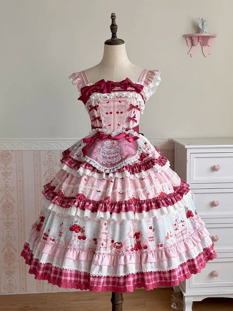 Pink Cherry Cake Print Sweet Lolita Dress with Layered Ruffles - Strawberry Fantasy