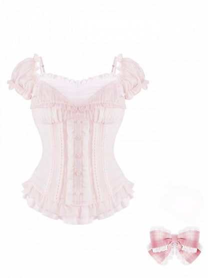 Light Pink Ruffle Puff Sleeve Top with Bow - serendipity